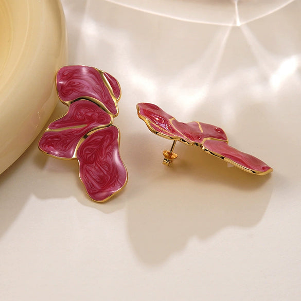 Wholesale Light Luxury Style Stainless Steel Flower Shape Dripping Oil Petal Earrings For Women