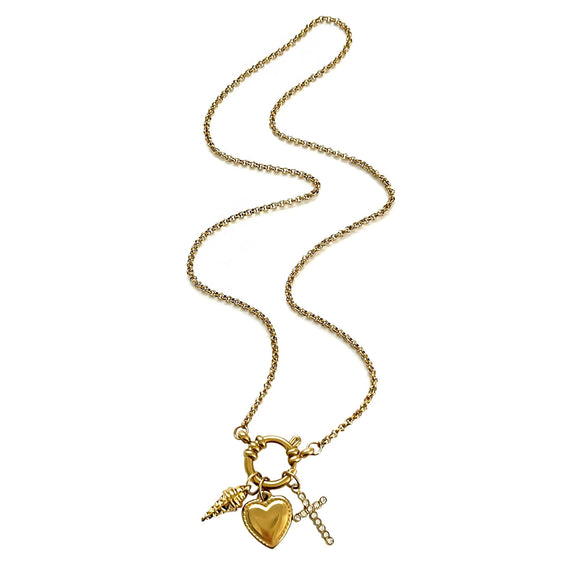 Wholesale Light Luxury Style Stainless Steel Heart Shape Cross Round Chain Women's Necklace With Polished Plating