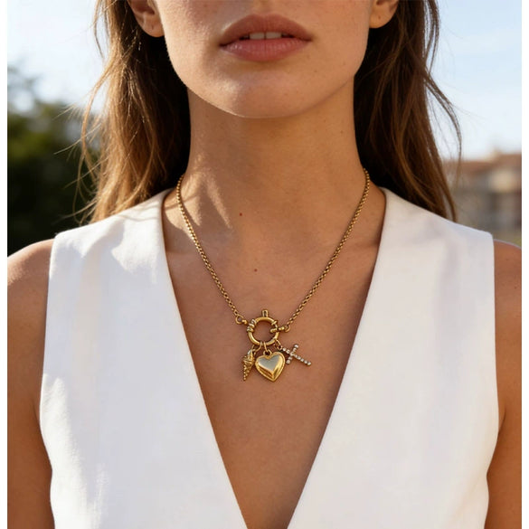 Wholesale Light Luxury Style Stainless Steel Heart Shape Cross Round Chain Women's Necklace With Polished Plating