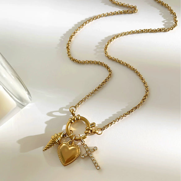 Wholesale Light Luxury Style Stainless Steel Heart Shape Cross Round Chain Women's Necklace With Polished Plating