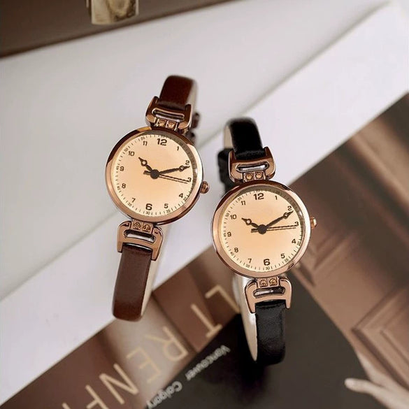Wholesale Light Luxury Style Women's Quartz Watch With Round Dial Alloy Case Genuine Leather Strap And Spiral Crown Simple Elegant Retro Digital Watch