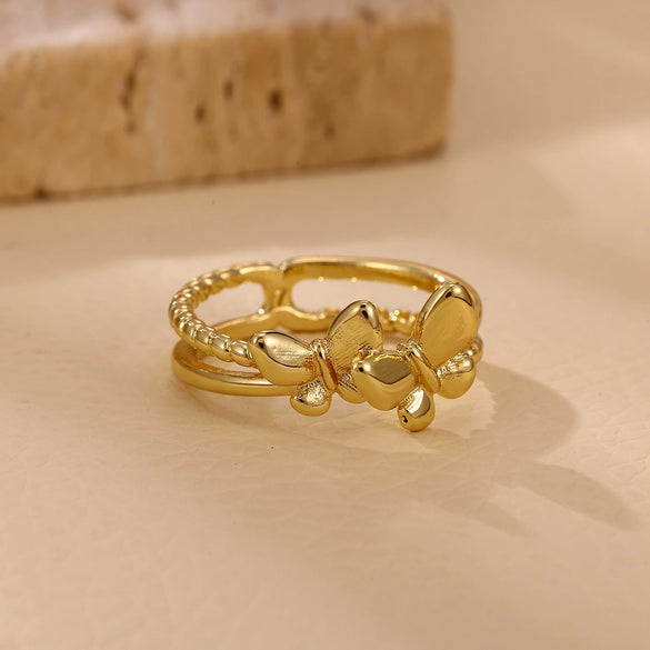 Wholesale Light Luxury Sweet Highend Threedimensional Butterfly Gold Plated Doublelayer Women's Ring