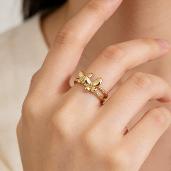 Wholesale Light Luxury Sweet Highend Threedimensional Butterfly Gold Plated Doublelayer Women's Ring