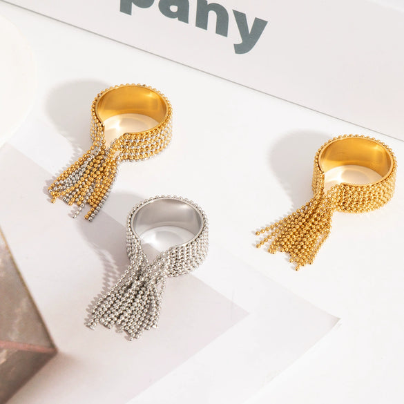 Wholesale Light Luxury Tassel Open Ring Stainless Steel Jewelry With Geometric Design Vacuum Real Gold Electroplated In Pvd Furnace
