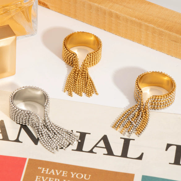 Wholesale Light Luxury Tassel Open Ring Stainless Steel Jewelry With Geometric Design Vacuum Real Gold Electroplated In Pvd Furnace