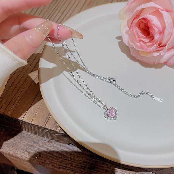 Wholesale Light Luxury Titanium Steel Women's Heart Pendant Necklace With Inlaid Zircon And Mixed Gem Inlay