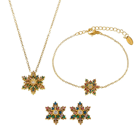 Wholesale Light Luxury Titanium Steel Zircon Jewelry Set With Snowflake Pattern For Women Necklace Bracelet Earrings Electroplated
