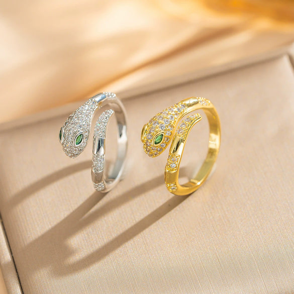Wholesale Light Luxury Unisex Snake And Zodiac Geometric Gold Plated Copper Open Ring With Microinlaid Zircon
