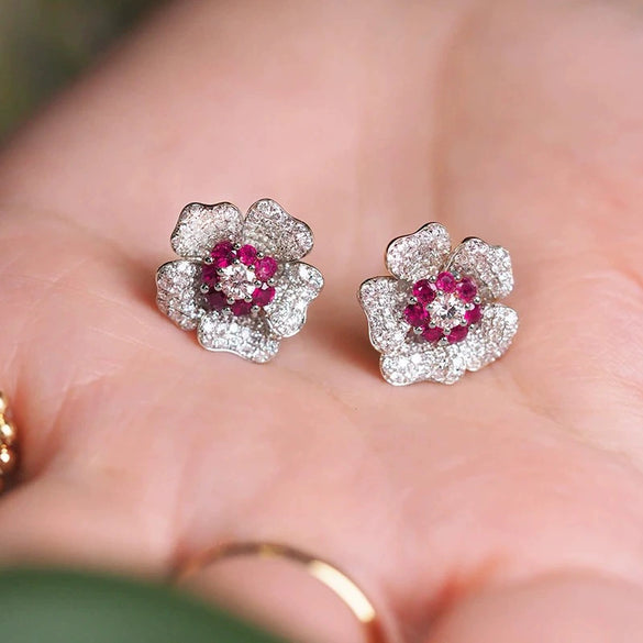 Wholesale Light Luxury Women's Copper Earrings With Inlaid Zircon And Flower Design