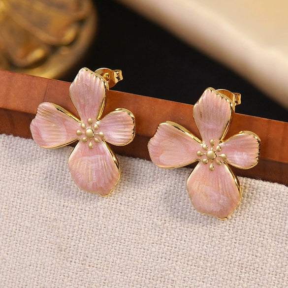 Wholesale Light Luxury Women's Dripping Oil Flower Stainless Steel Earrings