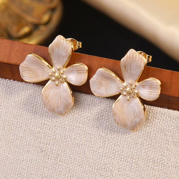 Wholesale Light Luxury Women's Dripping Oil Flower Stainless Steel Earrings