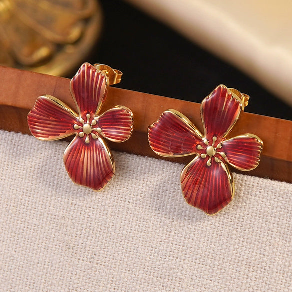 Wholesale Light Luxury Women's Dripping Oil Flower Stainless Steel Earrings
