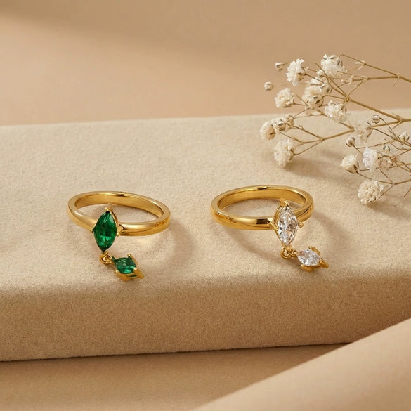 Wholesale Light Luxury Women's Fruit Shaped Stainless Steel Chain Ring With Double Diamonds And White And Green Zircon Electroplated