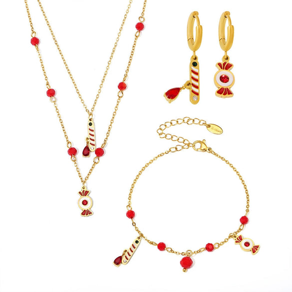 Wholesale Light Luxury Women's Garnet 316L Stainless Steel Jewelry Set With Electroplating Necklace Bracelet Earrings