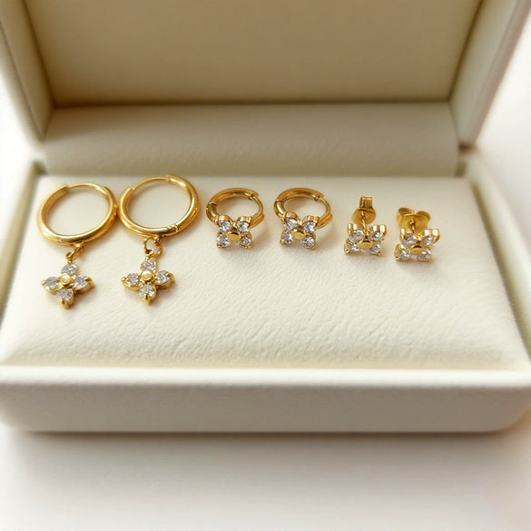 Wholesale Light Luxury Women's 18K Gold Plated Stainless Steel Flower Zircon Earrings