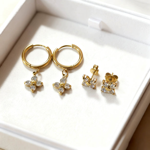 Wholesale Light Luxury Women's 18K Gold Plated Stainless Steel Flower Zircon Earrings