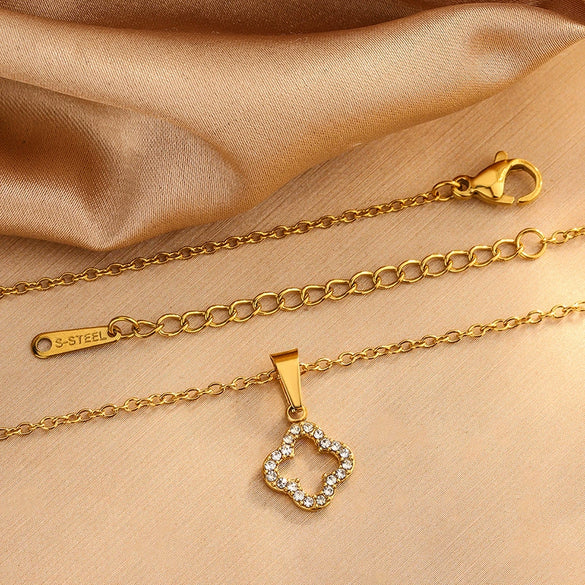 Wholesale Light Luxury Women's Stainless Steel Electroplated Four Leaf Clover Zircon Necklace Bracelet Earrings Set With Plants And Flowers Pattern
