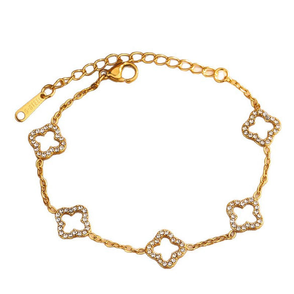 Wholesale Light Luxury Women's Stainless Steel Electroplated Four Leaf Clover Zircon Necklace Bracelet Earrings Set With Plants And Flowers Pattern