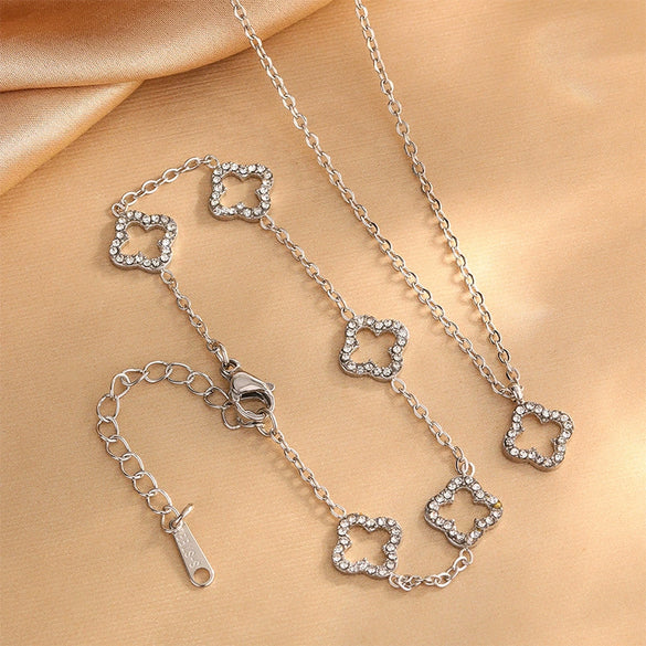 Wholesale Light Luxury Women's Stainless Steel Electroplated Four Leaf Clover Zircon Necklace Bracelet Earrings Set With Plants And Flowers Pattern