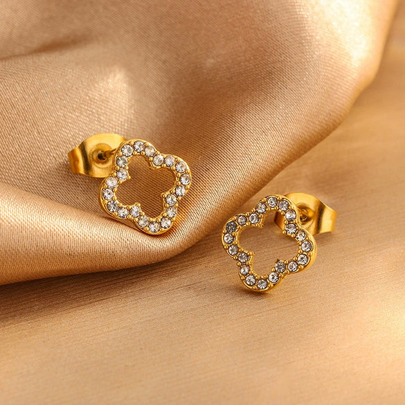 Wholesale Light Luxury Women's Stainless Steel Electroplated Four Leaf Clover Zircon Necklace Bracelet Earrings Set With Plants And Flowers Pattern