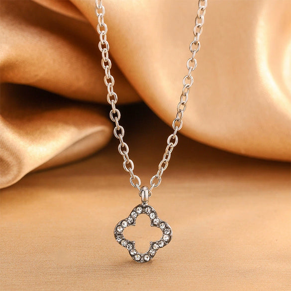 Wholesale Light Luxury Women's Stainless Steel Electroplated Four Leaf Clover Zircon Necklace Bracelet Earrings Set With Plants And Flowers Pattern
