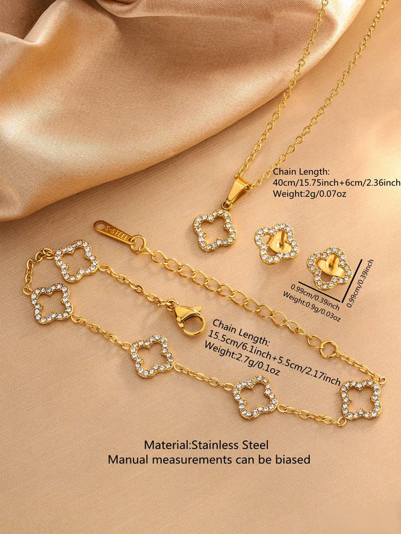 Wholesale Light Luxury Women's Stainless Steel Electroplated Four Leaf Clover Zircon Necklace Bracelet Earrings Set With Plants And Flowers Pattern