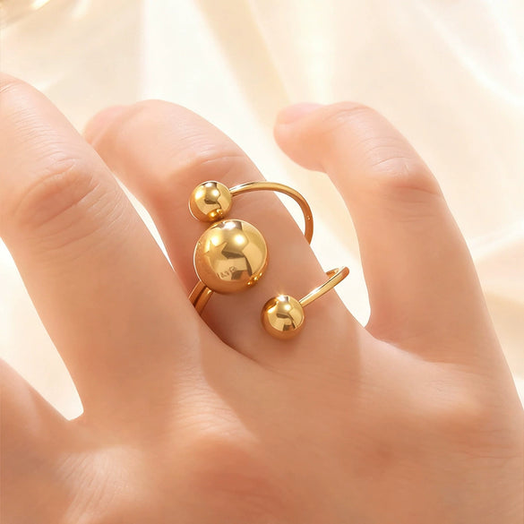 Wholesale Light Luxury Women's Stainless Steel Geometric Asymmetrical Threeball Open Rings With Electroplating