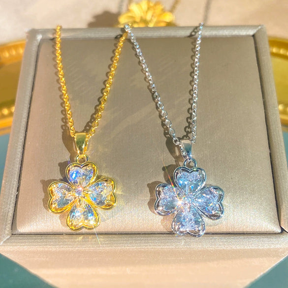 Wholesale Light Luxury Women's Titanium Steel Necklace With Zircon Inlaid Four Leaf Clover And Heart Shaped Flower Pendant On O Shaped Chain