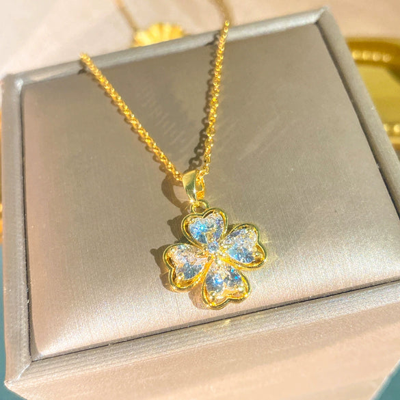 Wholesale Light Luxury Women's Titanium Steel Necklace With Zircon Inlaid Four Leaf Clover And Heart Shaped Flower Pendant On O Shaped Chain