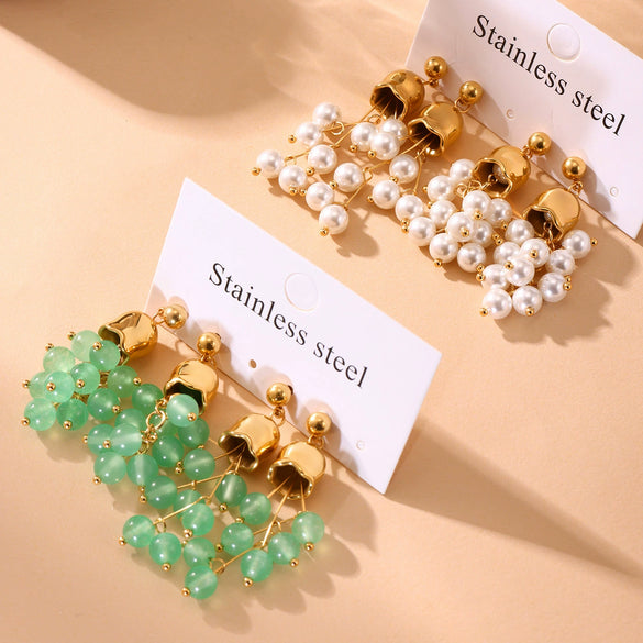 Wholesale Lily Of The Valley Green Aventurine Stone Tassel Long Elegant Geometric Stainless Steel Earrings For Women With Electroplating