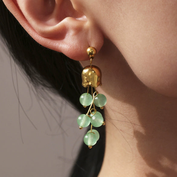 Wholesale Lily Of The Valley Green Aventurine Stone Tassel Long Elegant Geometric Stainless Steel Earrings For Women With Electroplating
