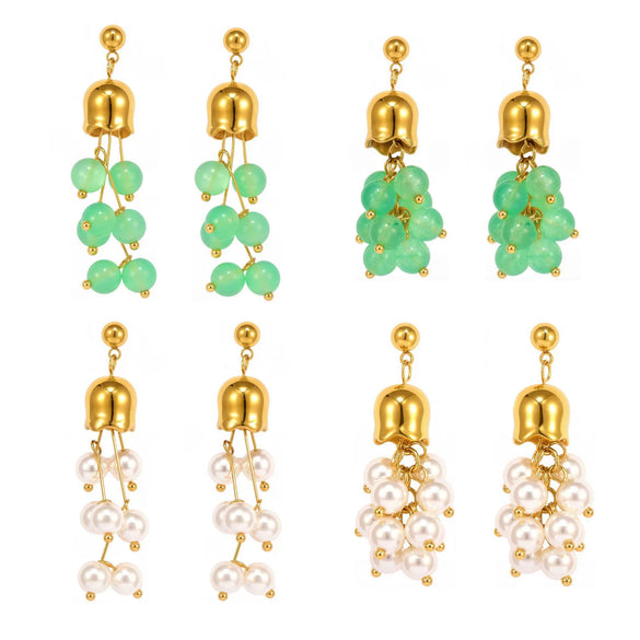 Wholesale Lily Of The Valley Green Aventurine Stone Tassel Long Elegant Geometric Stainless Steel Earrings For Women With Electroplating