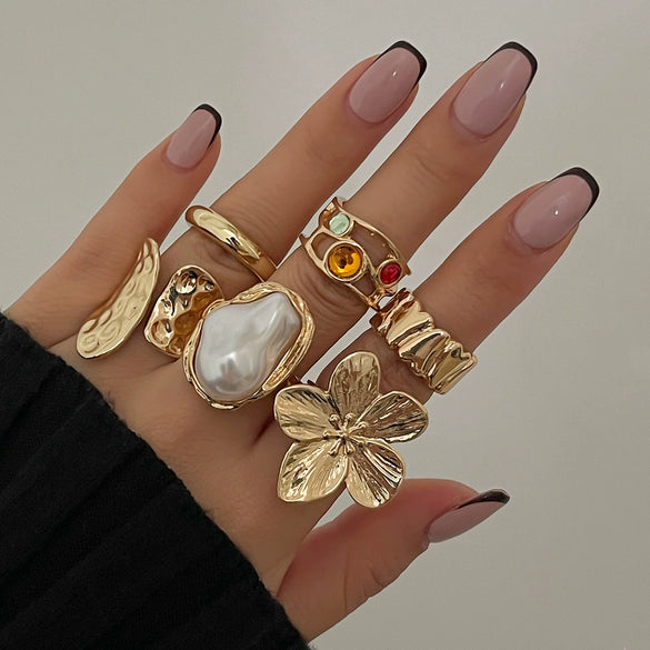 Wholesale Liquid Lava Flower Open Ring With Imitation Pearl And Gemstone Set Electroplated For Women