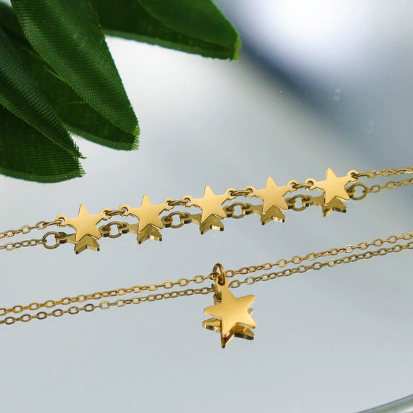 Wholesale Literary Natural Style Titanium Steel 18K Gold Plated Fivepointed Star Tassel Double Clavicle Chain Necklace For Women