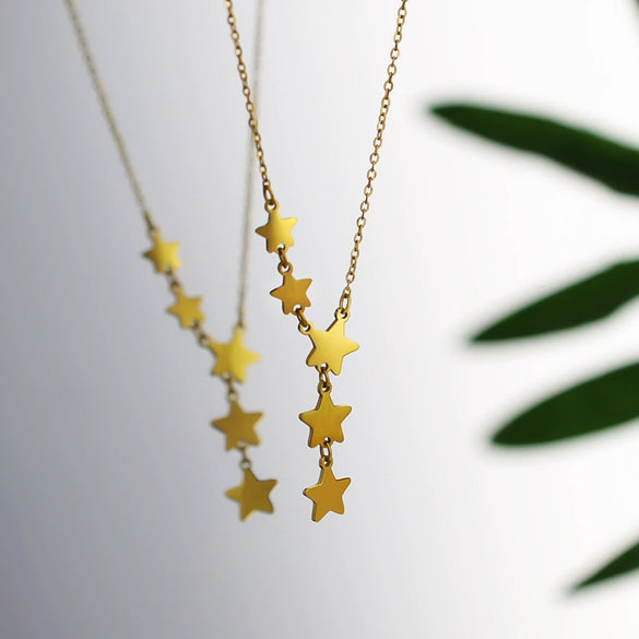 Wholesale Literary Natural Style Titanium Steel 18K Gold Plated Fivepointed Star Tassel Double Clavicle Chain Necklace For Women