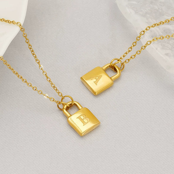 Wholesale Lock Pendant Necklace Stainless Steel With Letters Numbers Text Electroplating