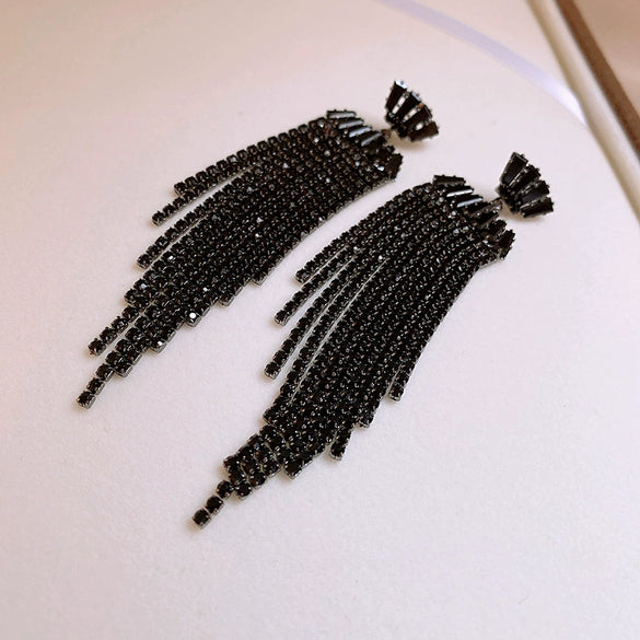 Wholesale Long Dark Style Full Diamond Water Drop Tassel Earrings Copper Geometric Silver Needle