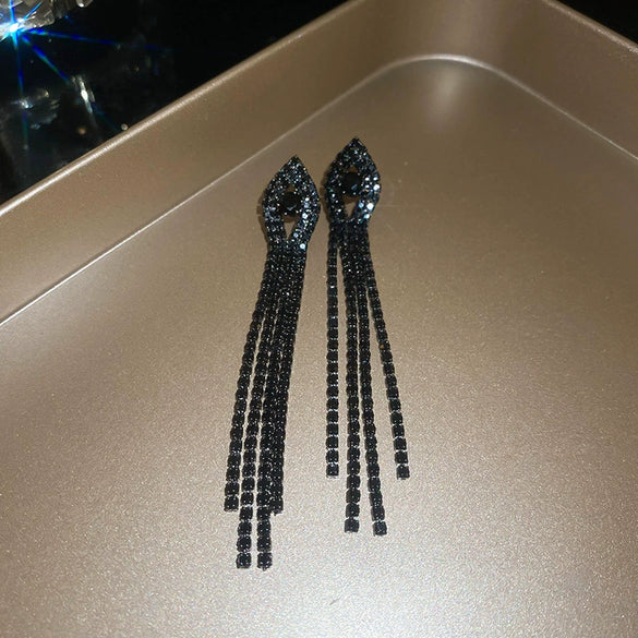 Wholesale Long Dark Style Full Diamond Water Drop Tassel Earrings Copper Geometric Silver Needle