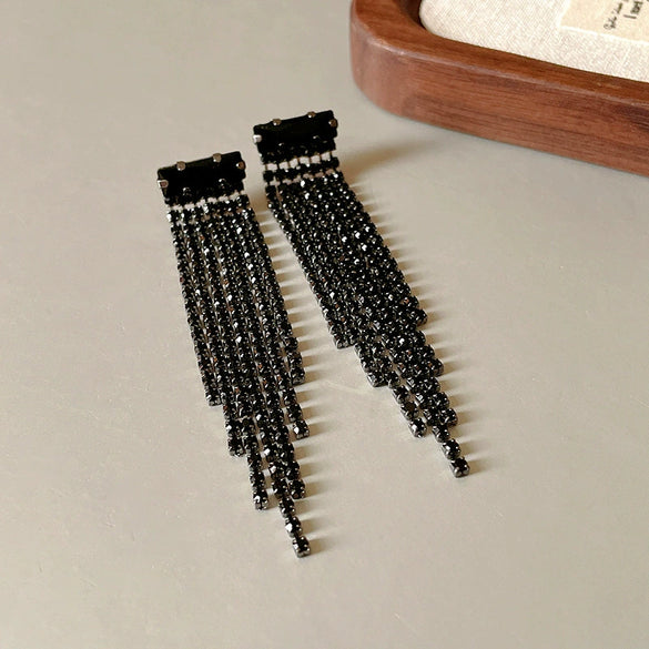 Wholesale Long Dark Style Full Diamond Water Drop Tassel Earrings Copper Geometric Silver Needle