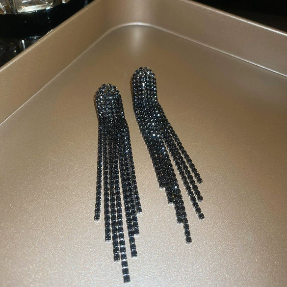 Wholesale Long Dark Style Full Diamond Water Drop Tassel Earrings Copper Geometric Silver Needle