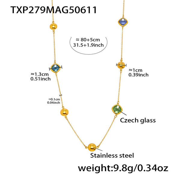 Wholesale Long Necklace With Geometric Design Made Of Stainless Steel And Imported Czech Glass 18K Real Gold Electroplated Double Layer Jewelry Accessories For Women