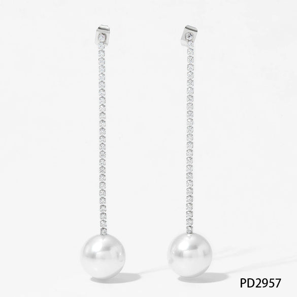 Wholesale Long Zircon Pearl Earrings For Women Simple Geometric Style Stainless Steel With Electroplating