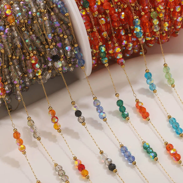 Wholesale Loose Chain Stainless Steel Fantasy Colorful Crystal Spacer Real Gold Electroplated Handmade