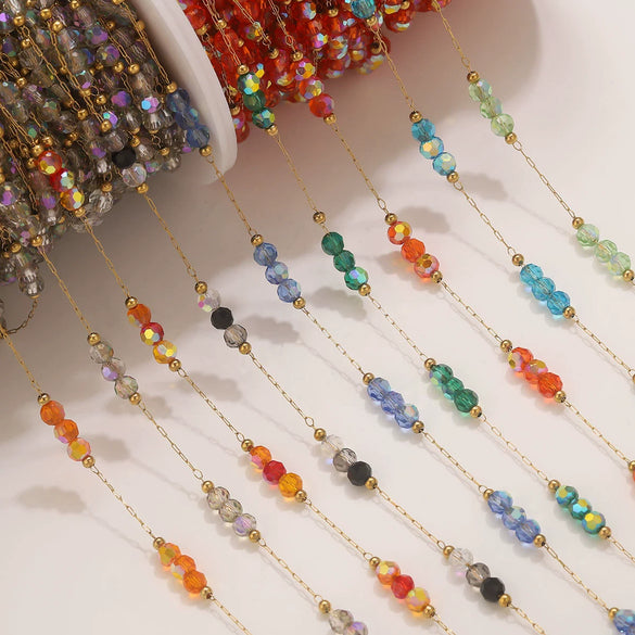 Wholesale Loose Chain Stainless Steel Fantasy Colorful Crystal Spacer Real Gold Electroplated Handmade