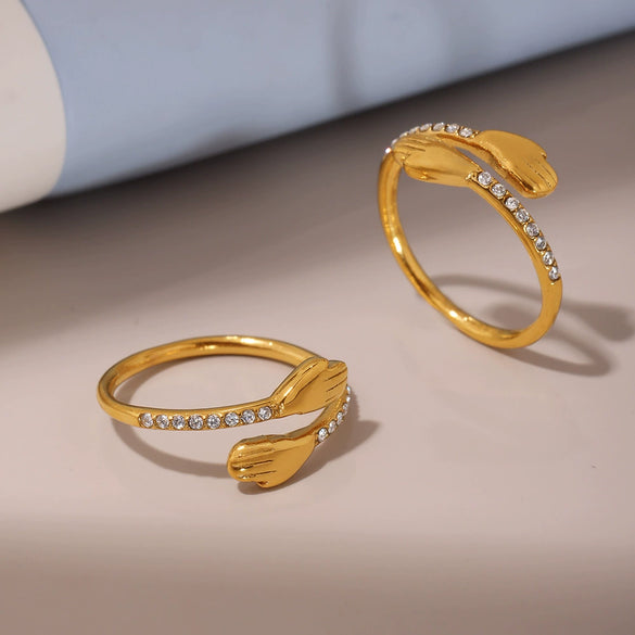 Wholesale Love Embrace Zircon Open Ring Stainless Steel Gold Plated Geometric Jewelry For Women