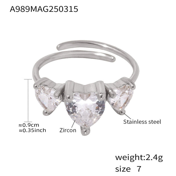 Wholesale Love Heart Geometric Ultra Flash Zircon Stainless Steel Opening Adjustable Light Luxury Style Ring With Electroplating