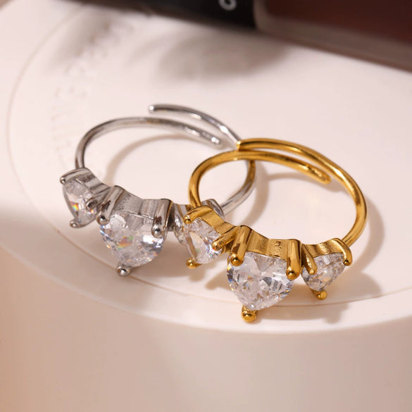 Wholesale Love Heart Geometric Ultra Flash Zircon Stainless Steel Opening Adjustable Light Luxury Style Ring With Electroplating