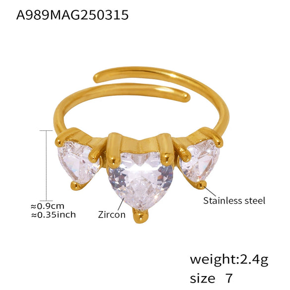 Wholesale Love Heart Geometric Ultra Flash Zircon Stainless Steel Opening Adjustable Light Luxury Style Ring With Electroplating