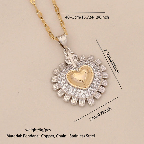 Wholesale Love Heart Shape Pendant Necklace In Copper With Double Color Matching Fashion Temperament Stainless Steel Chain