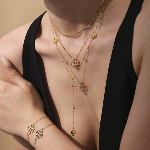 Wholesale Love Lucky Fourleaf Flower Tassel Collarbone Necklace And Bracelet Set In Stainless Steel With Electroplating For Women